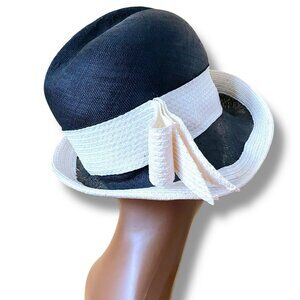 Vintage 1960s Mr John Jr Womens Straw Hat Navy Blue White Curled Brim Tilt Toque